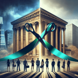 A giant pair of scissors divides modern skyscrapers and classical architecture, with business professionals watching the split, symbolizing contrast and transformation in the Credit Unions world