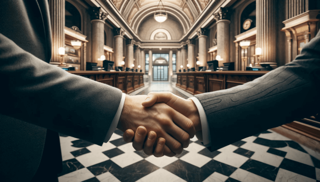 How Credit Unions Can Leverage Digital Marketing to Navigate the 2025 Fed Rate Cut 1 Two businessmen shaking hands inside a grand bank interior, symbolizing partnership between credit unions and digital marketing agencies