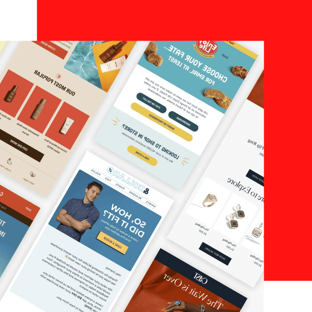 Collage of automated email designs showcasing product promotions and personalized offers, illustrating the creativity and effectiveness of a professional email marketing agency.