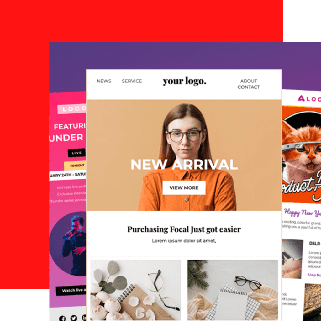 Collection of stylish email templates featuring product launches and promotions, showcasing the design versatility and branding expertise of a professional email marketing agency