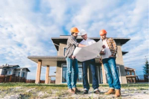 Home builders cheking blueprint