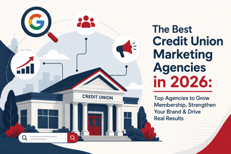 Illustration of the best credit union marketing agencies in 2026 featuring SEO, digital marketing, and member growth concepts.